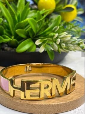 Hermes Gold Logo, Pink Enamel Bracelet